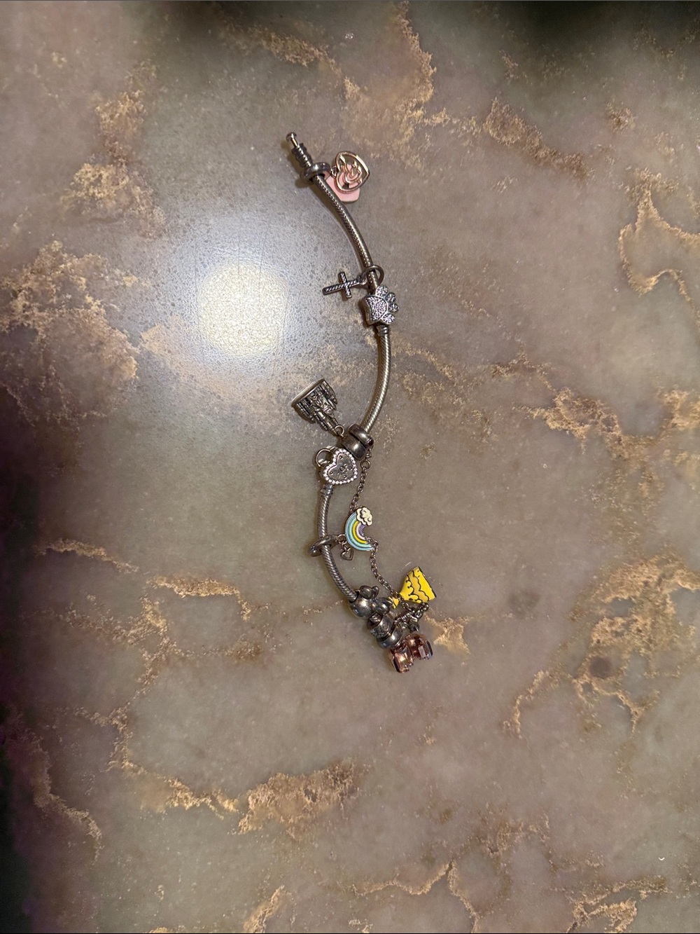 Pandora Silver Charm Bracelet with Mixed Charms - Rainbow, Heart, Cross
